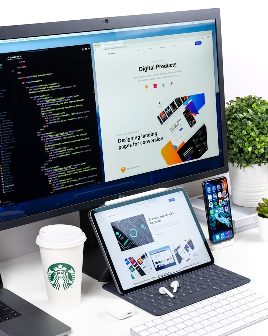 Design and development workspace with responsive layouts on desktop, tablet and mobile